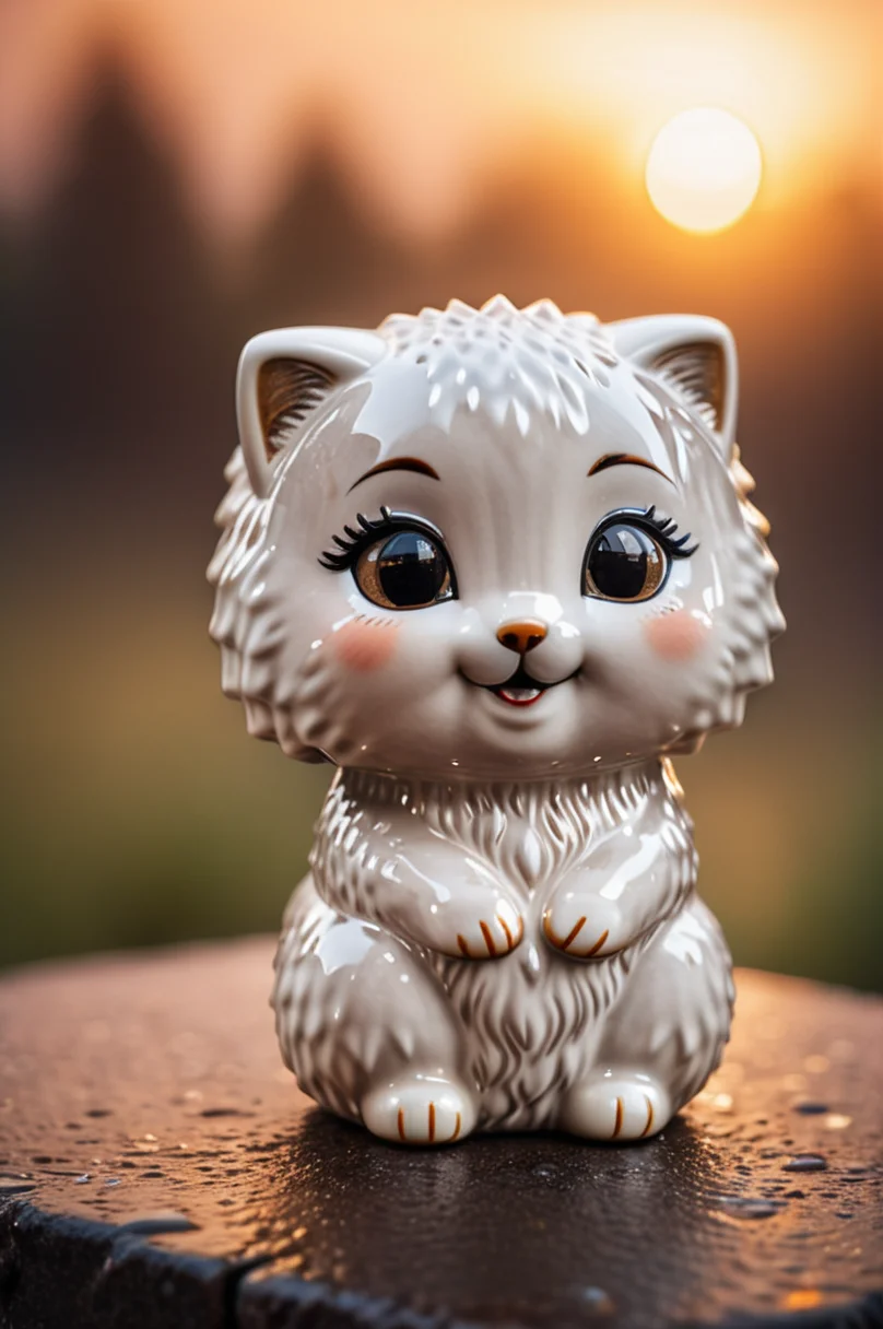 princess  as Ceramic figurine, fur cube, fluffy, shot at sunset, happy and and curious appearance, very cute, heavy rain, very happy, lonely, lost place, desaturated, dramatic lighting, disgusting background, bokeh, dark theme, soothing tones, depth of field, dramatic backlighting, film grain  <lora:CeramicXL_LoRA:1>