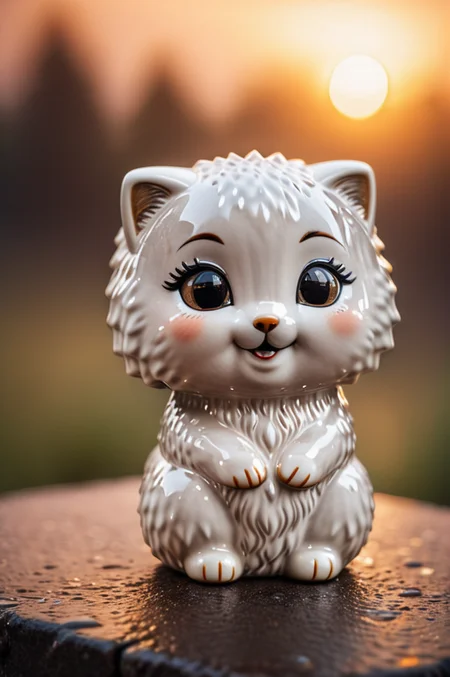 princess  as Ceramic figurine, fur cube, fluffy, shot at sunset, happy and and curious appearance, very cute, heavy rain, very happy, lonely, lost place, desaturated, dramatic lighting, disgusting background, bokeh, dark theme, soothing tones, depth of field, dramatic backlighting, film grain  <lora:CeramicXL_LoRA:1>