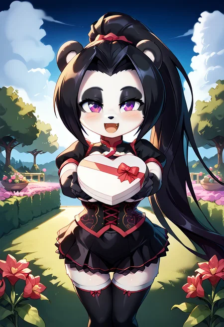 score_10 , score_9_up, score_8_up, score_7_up , score_6_up, vibrant colors, shiny_skin , prefect lighting, detailed image, snoozing , masterpiece , best quality , highly detailed , ultra quality , BREAK , source_anime , anime , anime style , 
1girl , (young anthro panda , furry female , big breasts , fur skins, panda skin , White fur , black fur , purple eyes , long ponytail black hair , Center Part front hair , forehead , pawpads , white tail , curvy ,  thicc , cute , shortstack) ,, detailed face , bedroom eyes,  blushing, smiling , (hearts) ,, (black clothes , white clothes , shirt) , lace-up corset top , ruffled puff sleeve , Mini skirt , thigh highs , 
<lora:heart-shaped-box-ponyxl-lora-nochekaiser:1>, heart-shaped box, holding, box, gift, valentine, incoming gift, outstretched arms, outdoors, night sky, clouds, shouting, 
looking at viewer, detailed background, outdoors, garden, flower field, flower pots, plant pots, tree, cinematic composition, dynamic pose,