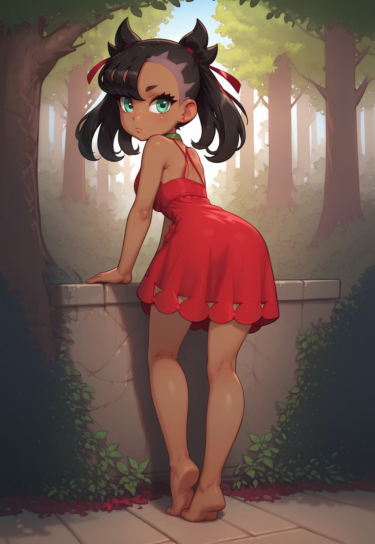 high detail, Smooth, sharp lines, score_9_up, score_8_up, detailed, masterpiece, super cute style, 1girl, solo, forest, brown hair, outdoors, nature, red dress, bare shoulders, green eyes, standing, full body, barefoot, sleeveless, green choker, dark skin, from side, (dark-skinned female, brown skin), bare arms, leaning forward, sleeveless dress, red dress, bent over, arm_support on a ledge, looking back, marnie, alternate_costume