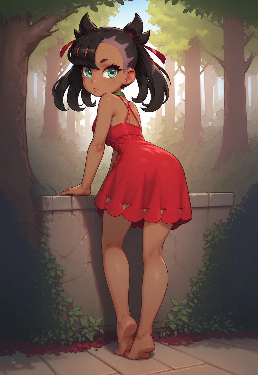high detail, Smooth, sharp lines, score_9_up, score_8_up, detailed, masterpiece, super cute style, 1girl, solo, forest, brown hair, outdoors, nature, red dress, bare shoulders, green eyes, standing, full body, barefoot, sleeveless, green choker, dark skin, from side, (dark-skinned female, brown skin), bare arms, leaning forward, sleeveless dress, red dress, bent over, arm_support on a ledge, looking back, marnie, alternate_costume