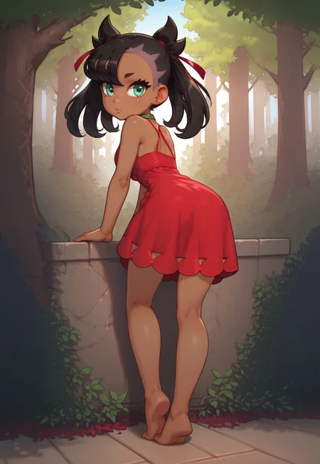 high detail, Smooth, sharp lines, score_9_up, score_8_up, detailed, masterpiece, super cute style, 1girl, solo, forest, brown hair, outdoors, nature, red dress, bare shoulders, green eyes, standing, full body, barefoot, sleeveless, green choker, dark skin, from side, (dark-skinned female, brown skin), bare arms, leaning forward, sleeveless dress, red dress, bent over, arm_support on a ledge, looking back, marnie, alternate_costume