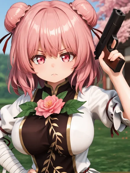 detailed background, shiny skin, posing, rating safe, 
<lora:thkasen.pony:1>,
thkasen,
large breasts,  
 <lora:nanako.pony:1>nanako
hand gun, holding guns, frown,