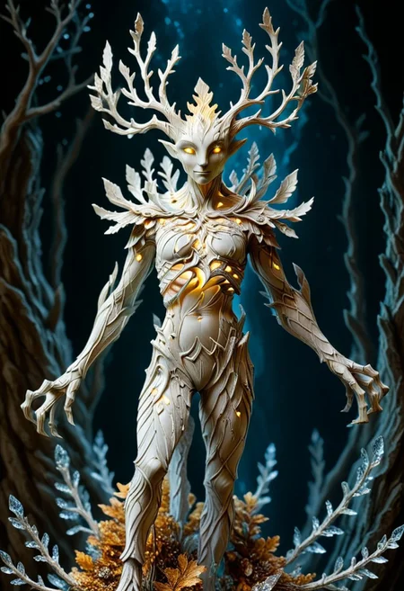 A photorealistic image of a majestic Spriggan figure,
crystalstexture skin,(extremely delicate and beautiful), highly detailed, WhiteMold, art style, 3d printed mold, 
intricate details, dramatic composition, contrast, texture, realism, high quality, stunning art, film grain, volumetric lighting, detailed, 
background is cozy room,
