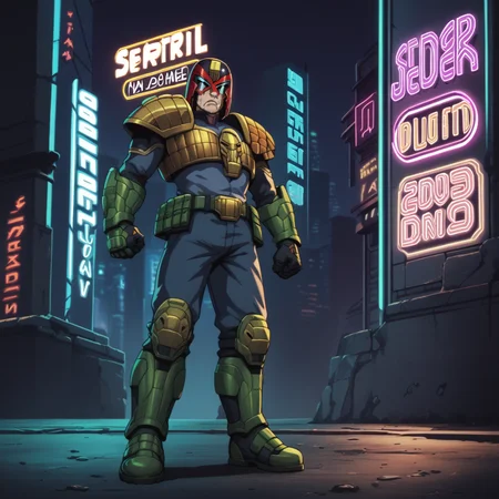 score_9,score_8_up,score_7_up,score_6_up,score_5_up,score_4_up,source_anime BREAK judge dredd,armor,helmet,scowling,black visor,full body shot,<lora:Judge_Dredd_Comic_Style_v2_Pony_SDXL:0.8>,cover art,cyberpunk city,dark city,neon lights,