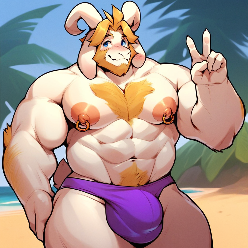 furry, Asgore Dreemurr, goat boy, older, mature, cartoon style, 2d, male, thick thighs, blue eyes, wide hips, voluptuous, blushing, smiling softly, sexy, peace sign with left hand, standing, purple speedo, large bulge, topless, muscular male, abs, large pectorals, big nipples, gold nipple ring piercings, beach, solo, score_9, score_8_up, score_7_up, score_6_up, score_5_up, score_4_up,