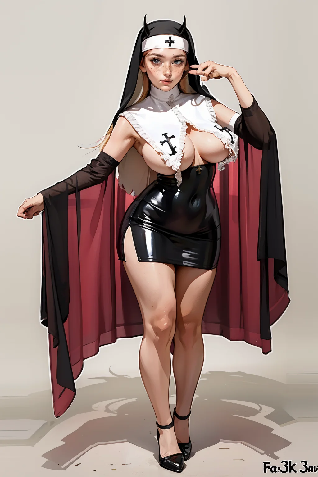 l4t3xN, detached sleeves, cross, latex nun, underboob, full body <lora:l4t3xN:0.6> horns <lora:Fr3ckles:0.7> Fr3ckles, long hair, ginger hair, grey eyes, freckles:0.3,masterpiece, best quality, <lora:age_slider_v20:1.5> <lora:detail_slider_v4:2> white background,