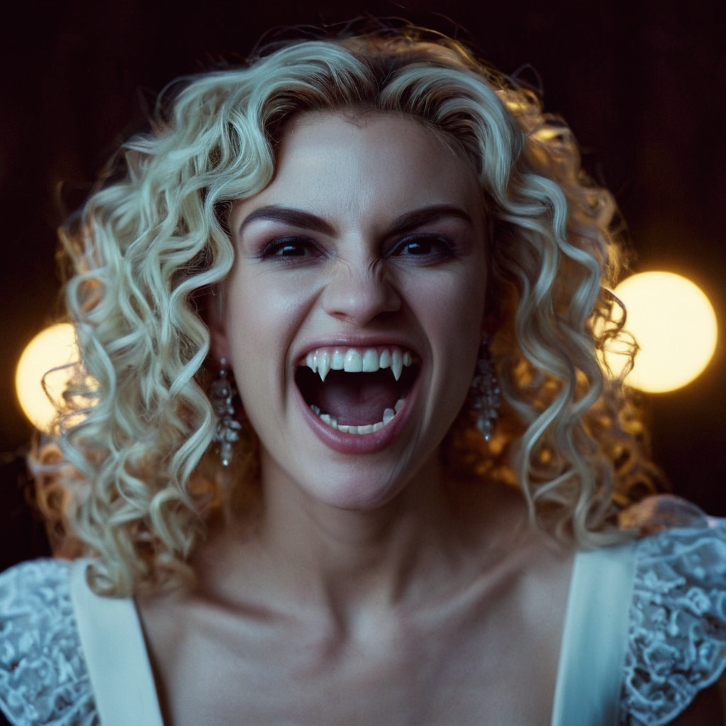 cinematic film still of  <lora:perfection style:0.5> perfection style
 <lora:fang:0.8>
a creepy laughing woman with a big smile on her face, scary, thriller, horror style, gothic movie themed, sharp, detailed, epic cinematic photography, artistic, creative, dramatic light, cinematic color style, Kodak film style, vampire fangs teeth style, vampire teeth style, vampire fangs style, 1girl, solo, looking at viewer, smile, open mouth, dress, jewelry, upper body, earrings, teeth, makeup, night, moon, full moon, curly hair, realistic, short hair, blonde hair, sky
, shallow depth of field, vignette, highly detailed, high budget, bokeh, cinemascope, moody, epic, gorgeous, film grain, grainy