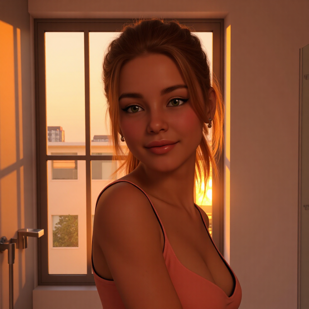 a candid medium shot photo showing the upper body of a 20-year-old cute girl,  messy loose ponytail , intense gaze, wearing a girlish crop top shirt standing in a bathroom , sunset light streaming through large full-size windows, beautiful natural lighting with warm orange and pink tones, realistic image, dim light with a cozy yet bold atmosphere, perfect lighting with soft sunset shadows, shiny skin, perfect reflections, lots of shadows, natural photo,
early 2010s snapshot photo captured with a phone and uploaded to facebook