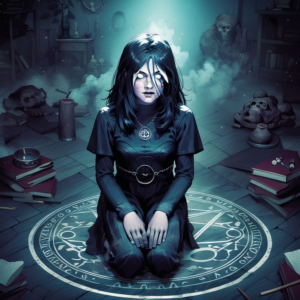 score_9, knva, 1girl, Sable Ward, on knees, chalk circle, performing a magic ritual, white eyes, possessed,( horror:0.5), basement, fog,