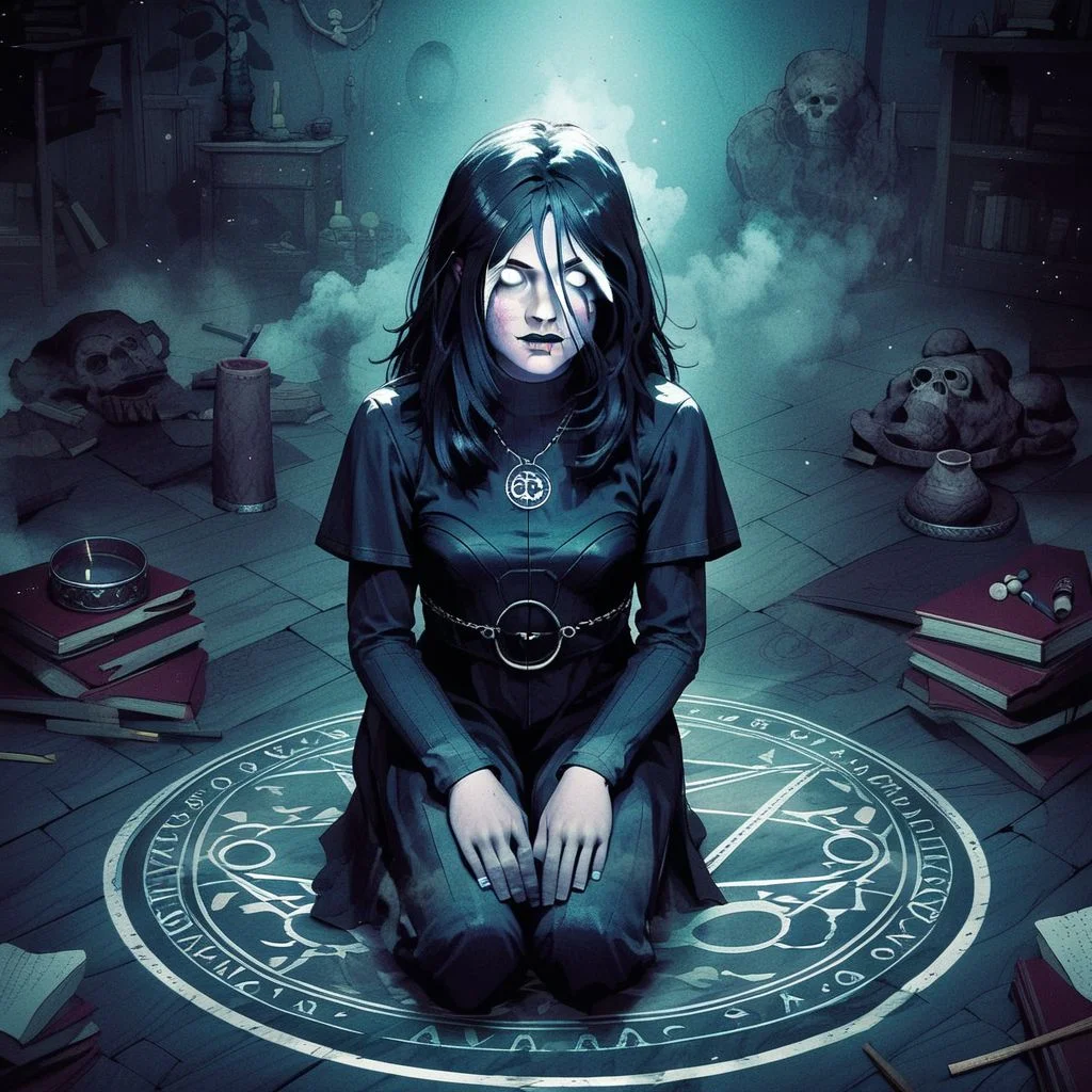 score_9, knva, 1girl, Sable Ward, on knees, chalk circle, performing a magic ritual, white eyes, possessed,( horror:0.5), basement, fog,