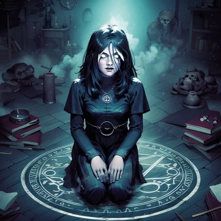 score_9, knva, 1girl, Sable Ward, on knees, chalk circle, performing a magic ritual, white eyes, possessed,( horror:0.5), basement, fog,