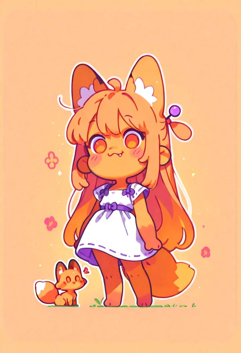 masterpiece, best quality, cute, simple illustration, (fox: 1.2), (cute:1.2), solo, Female fox, adult, fox tail, light orange hair with multicolored ends, colored orange skin, extremly long hair, orange eyes, hair pin, chibi, nervouse smile, dress, fang, Flatline, Flat vector illustration