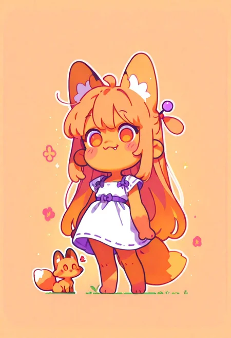 masterpiece, best quality, cute, simple illustration, (fox: 1.2), (cute:1.2), solo, Female fox, adult, fox tail, light orange hair with multicolored ends, colored orange skin, extremly long hair, orange eyes, hair pin, chibi, nervouse smile, dress,  fang, Flatline, Flat vector illustration