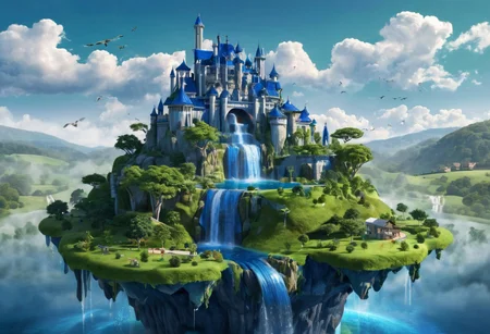 A magic castle built on an island that is floating in the sky, many parts made of beautiful deep blue crystal, a waterfall flows from the floating island in the sky down to the ground, dragons flying in the background, a green and pleasant landscape, gentle hills and farm land, photorealistic, high quality, high detail