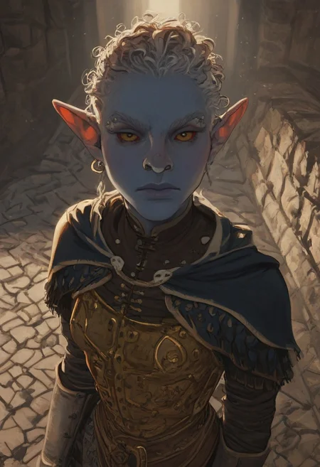 solo, short pointy ears, piercings, random elf face, aquiline features, female dark elf, brow rings, nose rings, beaded piercings, weathered skin, large nose, insect chitin armor, insect chitin helmet, insect chitin ornaments, stylized insect pattern, athletic build,  animated realism, zoomed out, Syrian features, torso, brass pipes and gears, intricate architecture, dwarven masonry, dwemer fixtures, white-green light, gloomy lighting, ancient ruins, interior, stone tiled floor, grey-blue skin, mahogany and ivory clothes, medium armor, bone plate armor, ivory straps and fittings, alien bone ornaments, grey wood neckguard, red sclera, black pupils, blue-green light, neon, highly detailed, defined features, looking at viewer, three quarters view, from above, dynamic lighting, 19 years old, light and shadows, patterned cloth, annoyed expression, expressive eyes, detailed medieval clothes, medium_breasts, short hair, wavy hair, thick hair, beaded hair, braided hair, under cut hair, semirealistic, alien elf, spanish features, jewish features, white grey hair, dark red hair, umber skin, sharp features, pastel green inuit print cloak, nighttime, high detail, absurdres, pretty eyes, detailed eyes, yellow eyes,