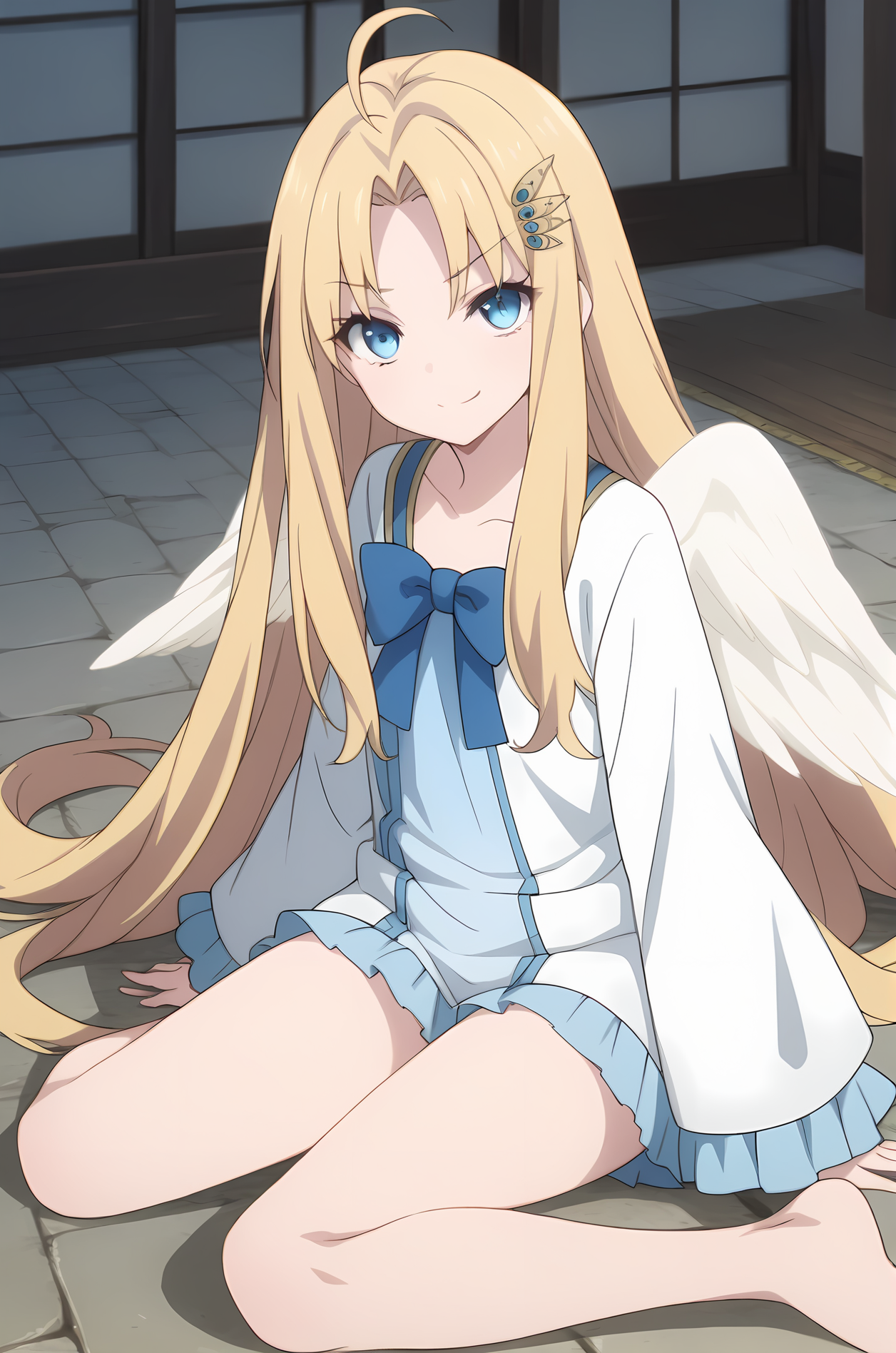 (:1.40), sh-filo, white wings, long hair, parted bangs, ahoge, hair ornament, blue eyes, 1girl, solo, skinny, (score_9, score_8_up, score_8, score_7_up), score_7, score_6_up, score_6, source_anime,
(lewd:1.20),
(:1.20),
(straight-on:1.30),
(:1.30), <lora:sh-filo-V01-000004:0.90>, (small breasts), [bare legs, barefoot]