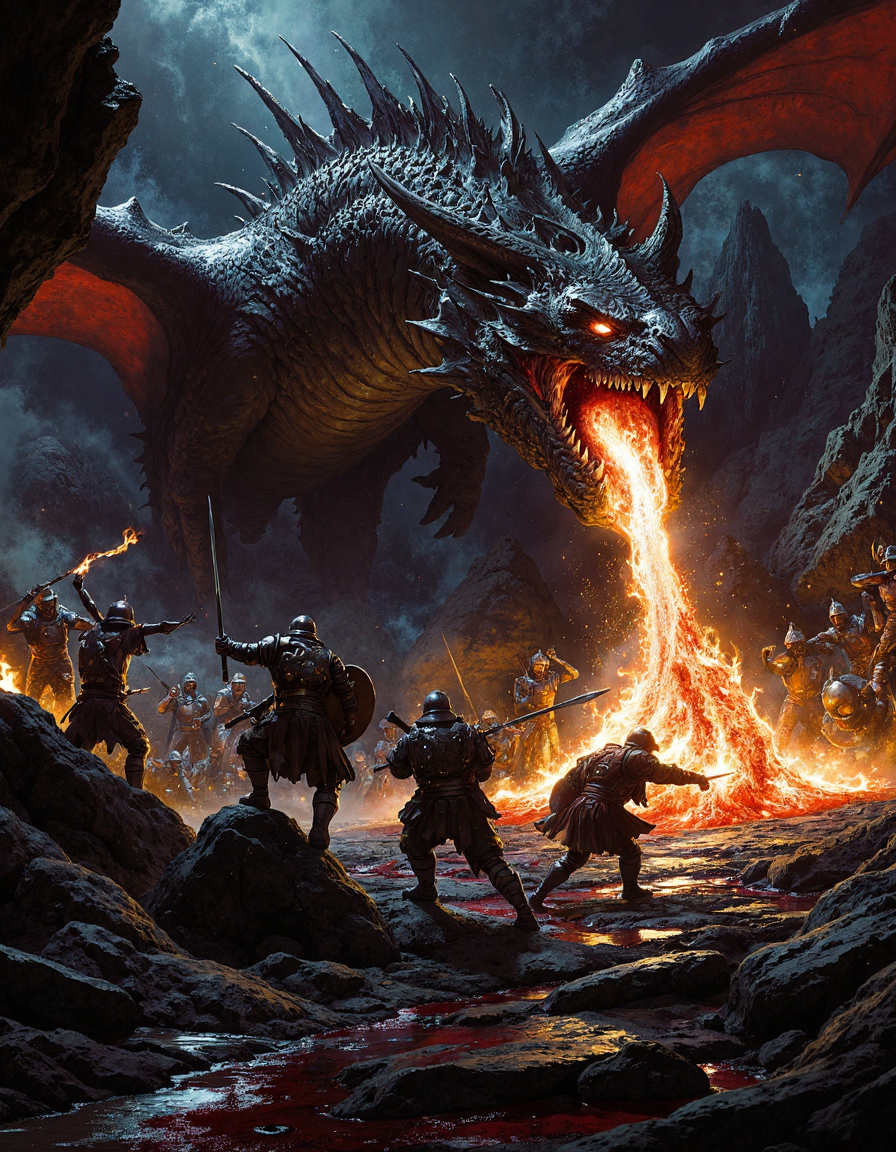 art style by frank frazetta, A fierce battle unfolds in a dark, cavernous setting, dominated by a massive dragon with fiery red eyes and sharp, jagged teeth. It's rough, scaly wings spread wide, and it unleashes a torrent of bright, fiery breath. Surrounding the dragon, warriors in medieval-style armor fight in desperation, wielding swords and shields. Their expressions range from fear to determination, with debris and blood scattered across the ground. Jagged rock formations cast deep shadows, while the dragonâs flames and burning torches create an eerie orange glow, enhancing the scene's chaotic, intense atmosphere with realistic textures and dramatic lighting, <lora:dark_fantasy_flux:0.8>, <lora:fluxenhancer:0.6>