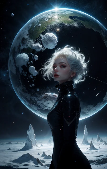 1girl, cosmic, black dress, glass, <lora:Hellasthetic v2:0@0:1@0.1>, 1girl, silver, fractal_art, Space-time distortion, Horizon, Colony, backlighting, elegant, Glowing white hair, planet generator, High ceiling, Ice Planet, Planet Collision, blizzard crystal, winid, storm, float, close-up,