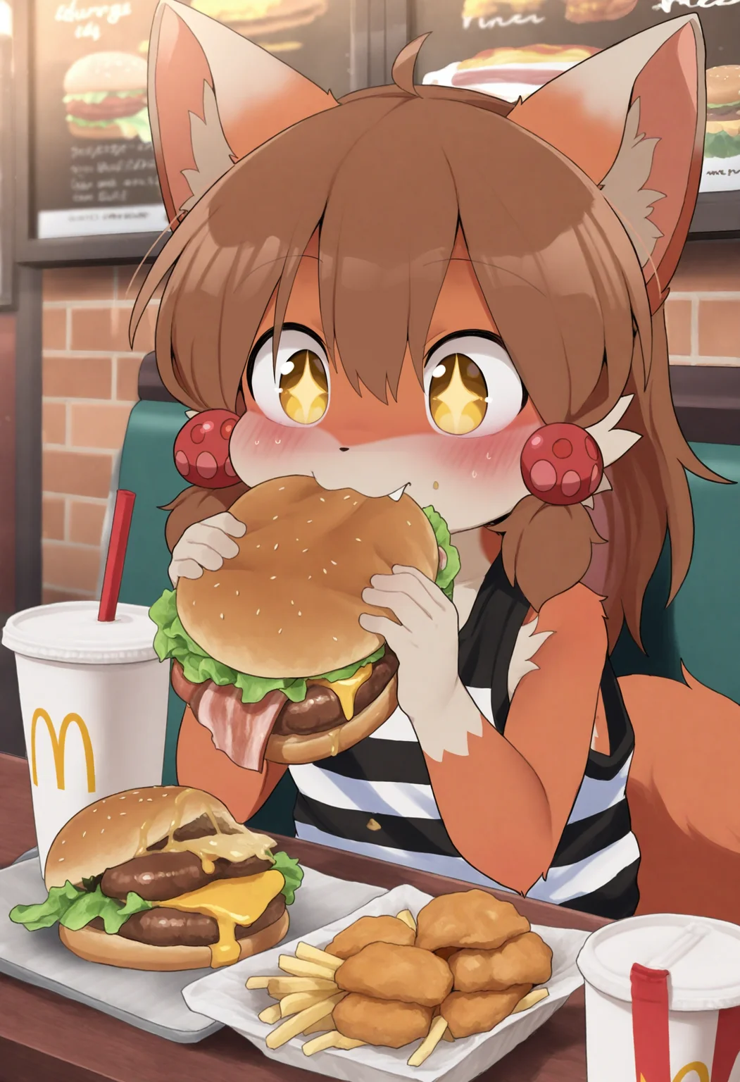 1boy,furry male,anthro,perro-kun,fox ears,fox boy,fox tail,hair bobbles,two-tone fur,yellow eyes,brown fur,orange fur,animal nose,body fur,flat chest,brown hair,medium hair,fang,
(dagasistyle:0.8),(rememx:0.7),solo,indoors,restaurant,upper body,fast food,
sitting,eating,biting,burger malfunction,burger,cheese,disposable cup,drinking straw,french fries,lettuce,soda,bacon,holding burger,big mac,(chicken nuggets:1.1),
happy,sparkling eyes,
bare shoulders,sleeveless,striped clothes,black shirt,white shirt,
masterpiece,best quality,highres,absurdres,newest,very awa,uncensored,