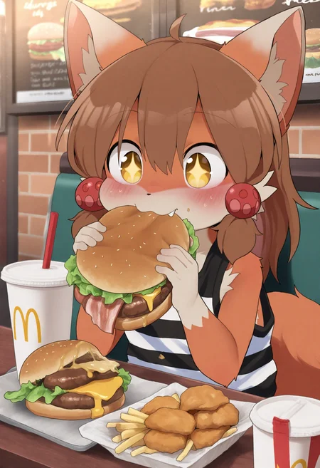 1boy,furry male,anthro,perro-kun,fox ears,fox boy,fox tail,hair bobbles,two-tone fur,yellow eyes,brown fur,orange fur,animal nose,body fur,flat chest,brown hair,medium hair,fang,
(dagasistyle:0.8),(rememx:0.7),solo,indoors,restaurant,upper body,fast food,
sitting,eating,biting,burger malfunction,burger,cheese,disposable cup,drinking straw,french fries,lettuce,soda,bacon,holding burger,big mac,(chicken nuggets:1.1),
happy,sparkling eyes,
bare shoulders,sleeveless,striped clothes,black shirt,white shirt,
masterpiece,best quality,highres,absurdres,newest,very awa,uncensored,