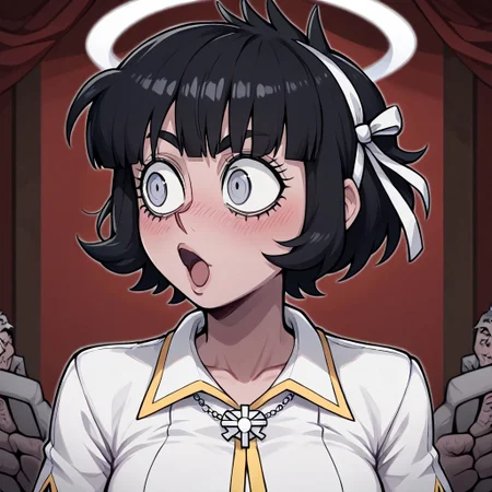 masterpiece, best quality, newest, absurdres, highres, anime, anime style, POG-V1.0IL, pogchamp (meme), meme, :o, 1girl, azazel (helltaker), short hair, black hair, halo, white shirt,
looking to the side,
