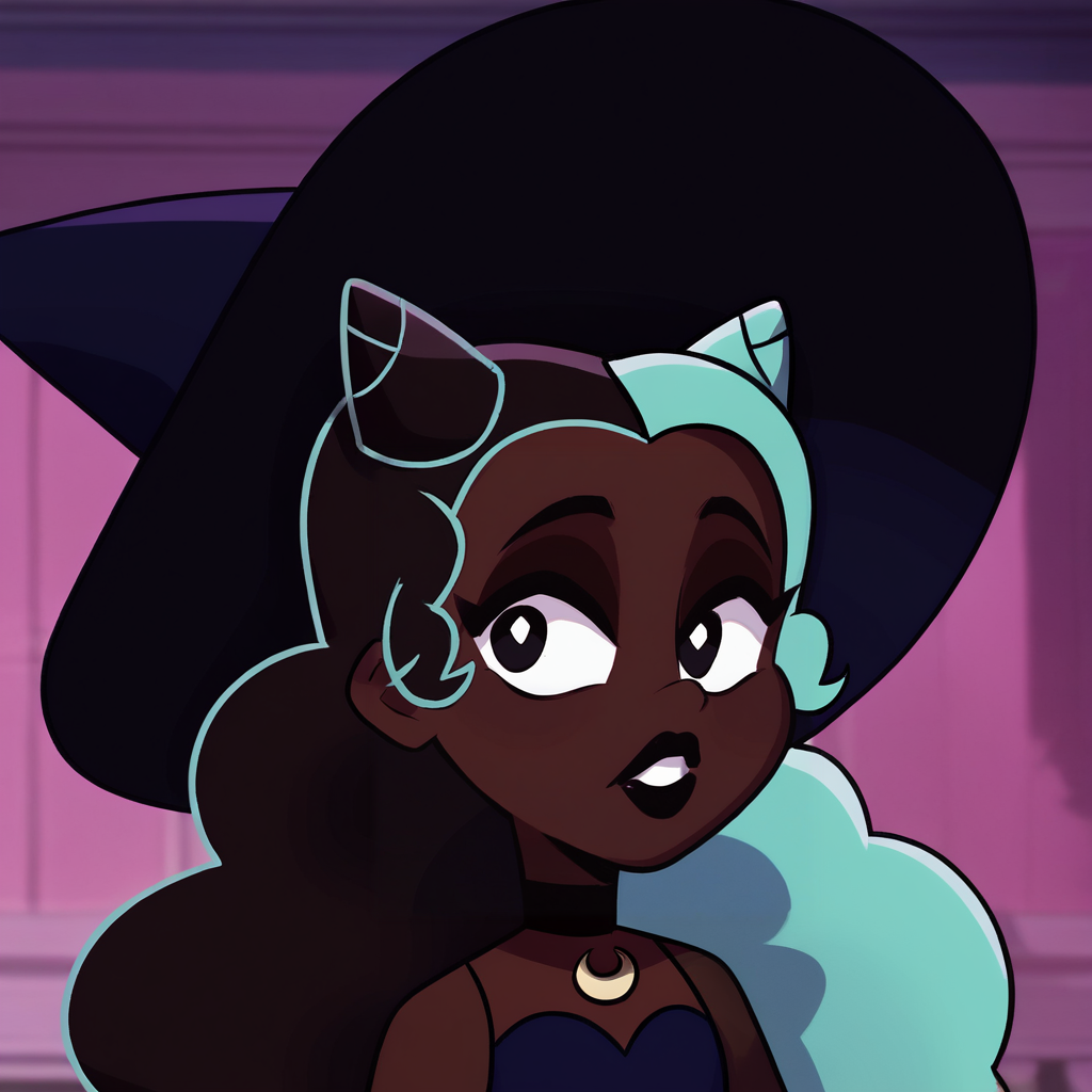 score_9_up, score_8_up, BREAK, PiperStubbs, 1girl, solo, dark skin, multicolored hair, long hair, hair horns, black eyes, black lipstick, witch hat, black choker, blue dress, Sheer Sleeve, upper body,  <lora:PiperStubbs_PXL_Leaf1:1>