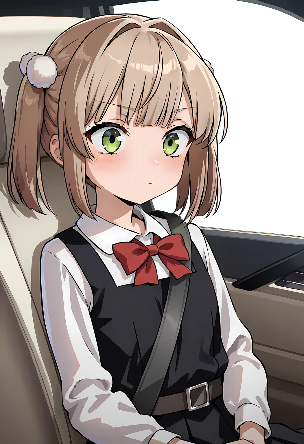 best quality, newest, absurdres, highres, detailed eyes, beautiful, detailed background, perfect eyes, anime coloring, anime screencap,masterpiece,best quality,amazing quality,very aesthetic,absurdres,newest,huge filesize,<lora:spo_sdxl_10ep_4k-data_lora_webui:0.5>,solo,1 girl<lora:Shigure Ui_ill:1>,school uniform,red bow,collared shirt,white shirt,long sleeves,belt,black dress,sleeveless dress,pleated dress,pinafore dress,flat chest,kneehighs,white ,short hair,light brown hair,twintails,pom pom hair ornament,very small girl,,hair intakes,bangs,green eyes,UiShigure, <lora:strap-between-breasts-illustriousxl-lora-nochekaiser:1>, sitting, ground vehicle, between breasts, motor vehicle, car, driving, car interior, seatbelt,, (portrai shot, upper body)