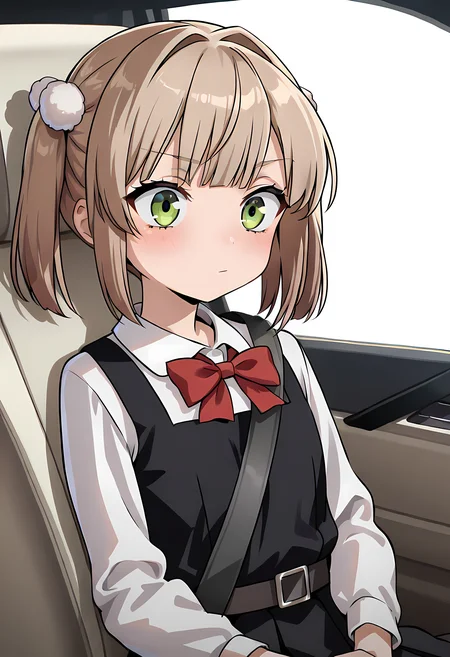 best quality, newest, absurdres, highres, detailed eyes, beautiful, detailed background, perfect eyes, anime coloring, anime screencap,masterpiece,best quality,amazing quality,very aesthetic,absurdres,newest,huge filesize,<lora:spo_sdxl_10ep_4k-data_lora_webui:0.5>,solo,1 girl<lora:Shigure Ui_ill:1>,school uniform,red bow,collared shirt,white shirt,long sleeves,belt,black dress,sleeveless dress,pleated dress,pinafore dress,flat chest,kneehighs,white ,short hair,light brown hair,twintails,pom pom hair ornament,very small girl,,hair intakes,bangs,green eyes,UiShigure, <lora:strap-between-breasts-illustriousxl-lora-nochekaiser:1>, sitting, ground vehicle, between breasts, motor vehicle, car, driving, car interior, seatbelt,, (portrai shot, upper body)