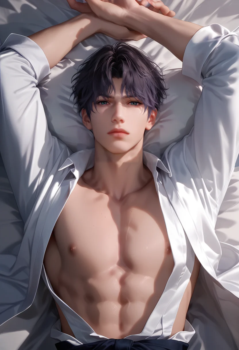score_9,score_8_up,score_7_up,1boy,solo,yaoi,bara,male focus,fairly nsfw,uncersored,highres,best quality,amazing quality,best aesthetic,absurdres,<lora:add-detail-xl:1>,<lora:Rafayel:0.5>,rafayel,bangs,lips,<lora:Expressive_H:1>,Expressiveh,closed mouth, open clothes, lying,on bed, japanese clothes,looking at viewer, arms up,