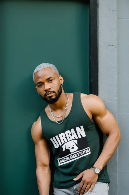 (film grain),Adult male, African descent, casual style, black tank top, grey jeans, lean physique, right hand leaning on wall, serious expression, looking at camera, outdoor, day time, durag, silver chain necklace, dog tag pendant, silver hoop earring, stubble beard, dark green door background, natural light, relaxed pose, street fashion, urban setting.,