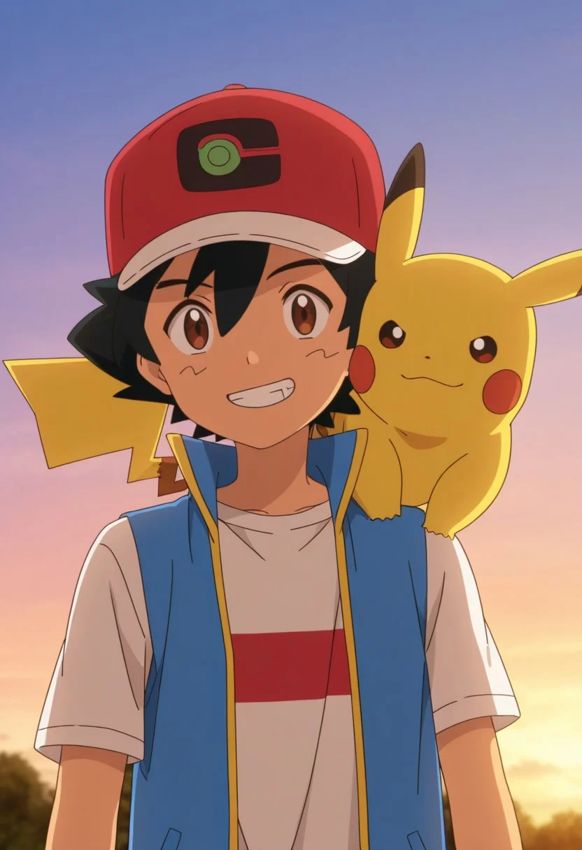 (masterpiece), (best quality), (intricate details, very aesthetic), absurdres, highres, cinematic light, 2023,<lora:anime_screencap:1>, anime screencap, anime coloring, ashpkj, 1boy, male focus, solo, brown eyes, black hair, hair between eyes, short hair, bangs, hat, baseball cap, red headwear, shirt, white shirt, short sleeves, jacket, blue jacket, sleeveless jacket, okemon (creature), pikachu, pikachu (pokemon), pokemon on shoulder, on shoulder, smile, grin, happy,
outdoor, sky,