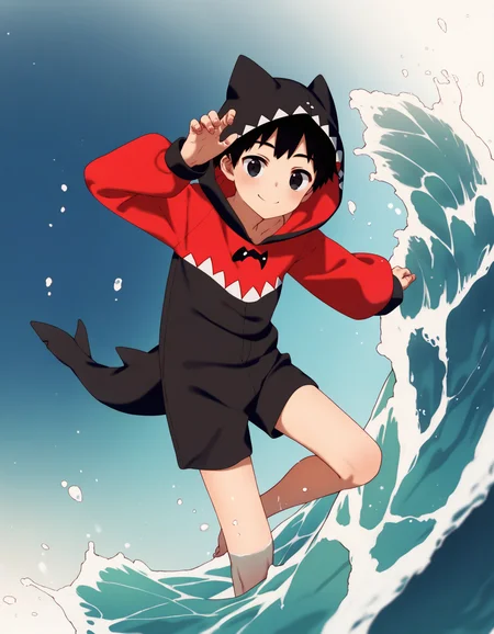 score_9, score_8_up, score_7_up, score_6_up, source_anime, simple background, wave, 1boy, solo, black hair, black eyes, shark costume, hood up, smile <lora:modokie-amxl-v1-ShoAI:1>