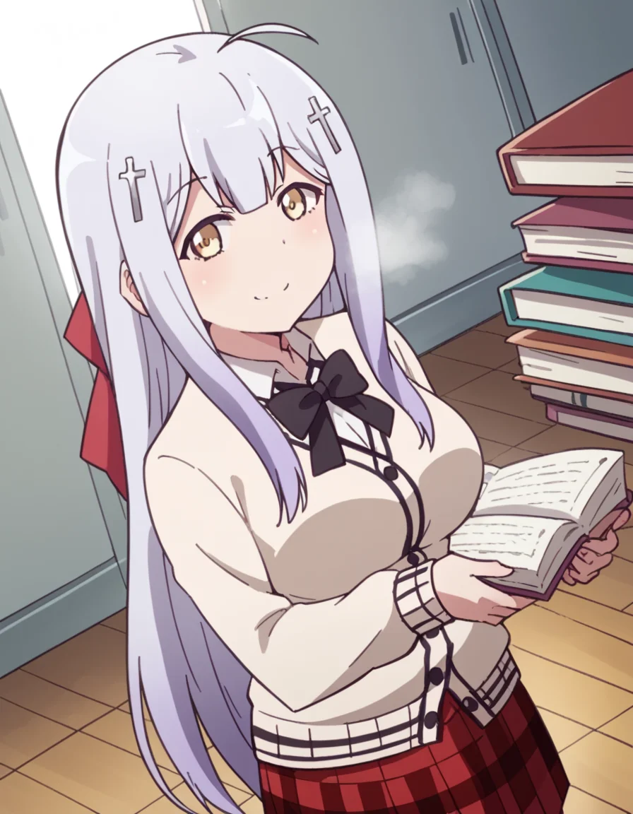 score_9, score_8_up, score_7_up, source_anime, <lora:raphiel-shiraha-ainsworth-s1-ponyxl-lora-nochekaiser:1>, raphiel shiraha ainsworth, long hair, ahoge, white hair, hair ornament, cross hair ornament, yellow eyes, large breasts,, skirt, school uniform, plaid, kneehighs, plaid skirt, cardigan, bow, black bow, bowtie, white cardigan, red skirt,, bookstore, browsing shelves, new book smell, finding a favorite, quiet atmosphere, smile, looking at viewer, arm holding an object, solo,, cowboy shot, dutch angle