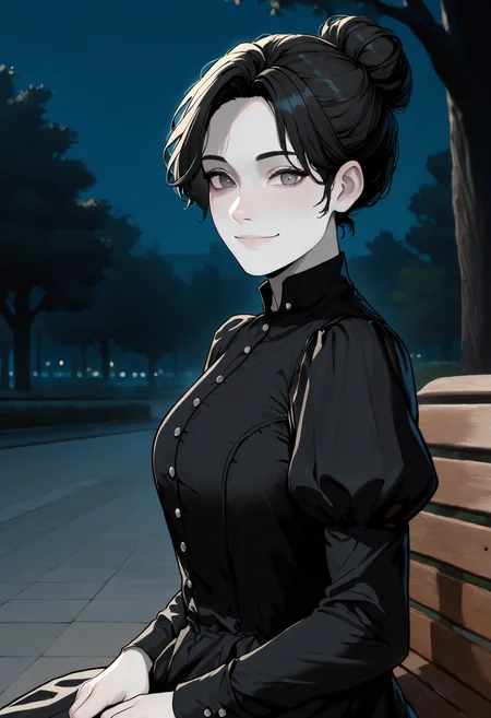 masterpiece, best quality, newest, looking at viewer, 1girl, solo, pale skin, black hair, single hair bun, grey eyes, black nails, high collar, black dress, buttons, long sleeves, juliet sleeves,
smile, closed mouth, outdoors, tree, park bench, park, sitting, portrait, from side, night
<lora:Donna Beneviento RE Village:1>