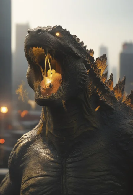 Score_9, score_8_up, score_7_up, score_6_up, zPDXL3, wide shot, monster focus, BREAK, realistic,hyperrealism,ornate,studio photograph, skinny Godzilla kaijuu,gigantic monster, glowing orange yes, roaring, model_buildings, model_kit_(medium), city skyline, plastic buildings, forced perspective, blurry background, building, outdoors,