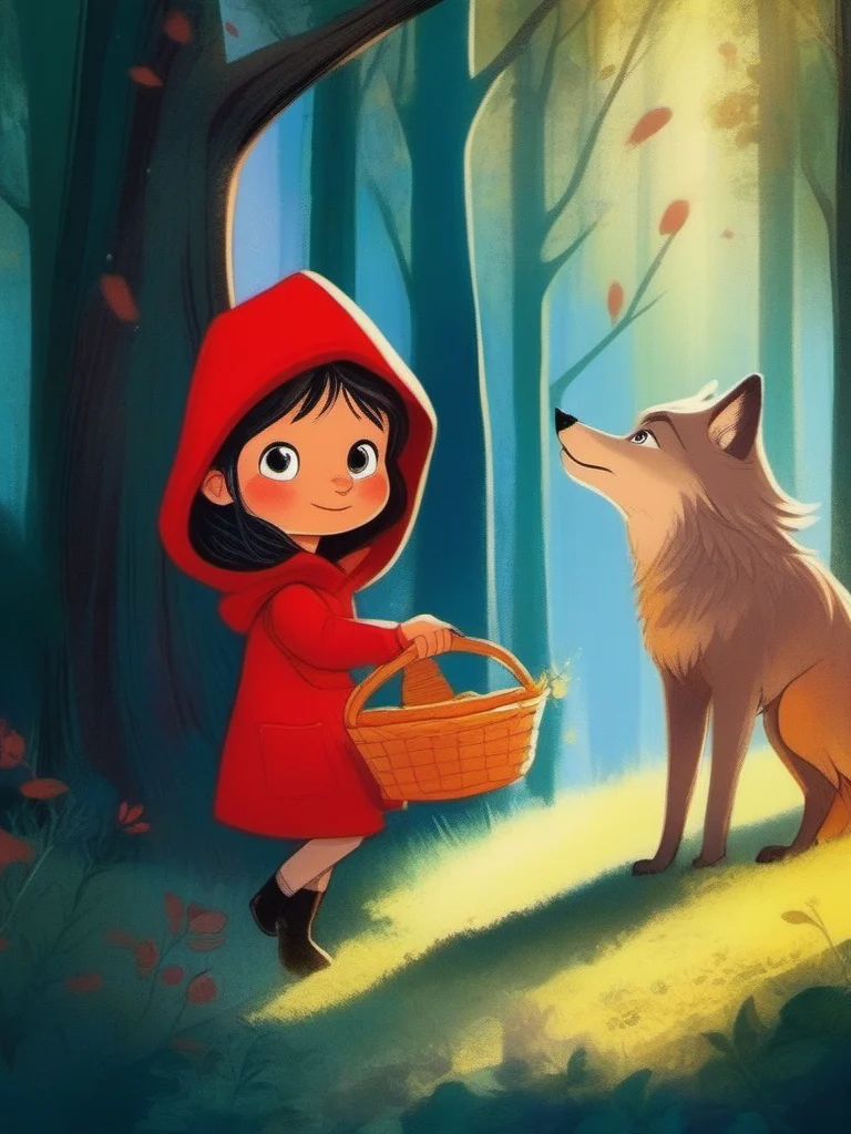 A girl in a red hooded jacket is walking through the woods. She is holding a basket and appears to be looking up. A wolf is watching her from behind a tree., <lora:kids:1> illuillustration,