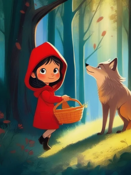 A girl in a red hooded jacket is walking through the woods. She is holding a basket and appears to be looking up. A wolf is watching her from behind a tree., <lora:kids:1> illuillustration,