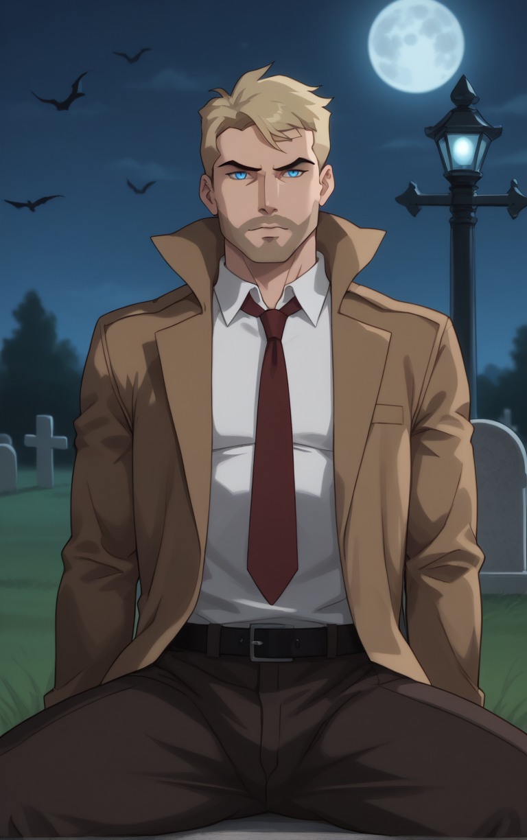 score_9, score_8_up, score_7_up, looking at viewer,  BREAK
DCAU_JL_JohnConstantine_ownwaifu, 
1boy, blonde hair, blue eyes, male focus, short hair, facial hair, mustache, 
red necktie, trench coat, white shirt, collared shirt, open coat, brown coat, belt, pants, coat, long sleeves, beard, brown jacket, formal, brown pants, popped collar, black belt, long coat
(sitting, full moon), graveyard, grave, tombstone, moonlight, <lora:PONYXL_DCAU_JL_JohnConstantine_ownwaifu:0.8> , depth of field, solo, Interesting Image, Captivating Image,