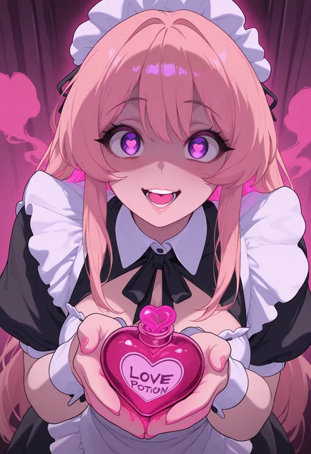 IllusP0s, neon palette, flat colors, 1girl, CivChan, purple eyes, pink hair, maid, yandere, heart-shaped pupils, looking at viewer, holding love potion, giving viewer, heart-shaped bottle, pink smoke, heart  <lora:CivChan:0.9>