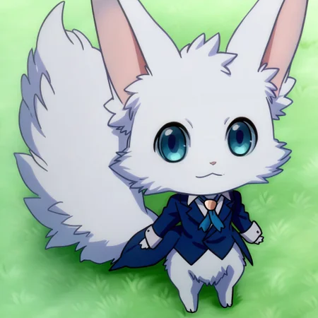 1boy, chibi, Navi, blue eyes, solo, grass, necktie, looking at viewer,blue suit, :3, formal, no humans, tail, male focus, furry,whitr fur,easynegative