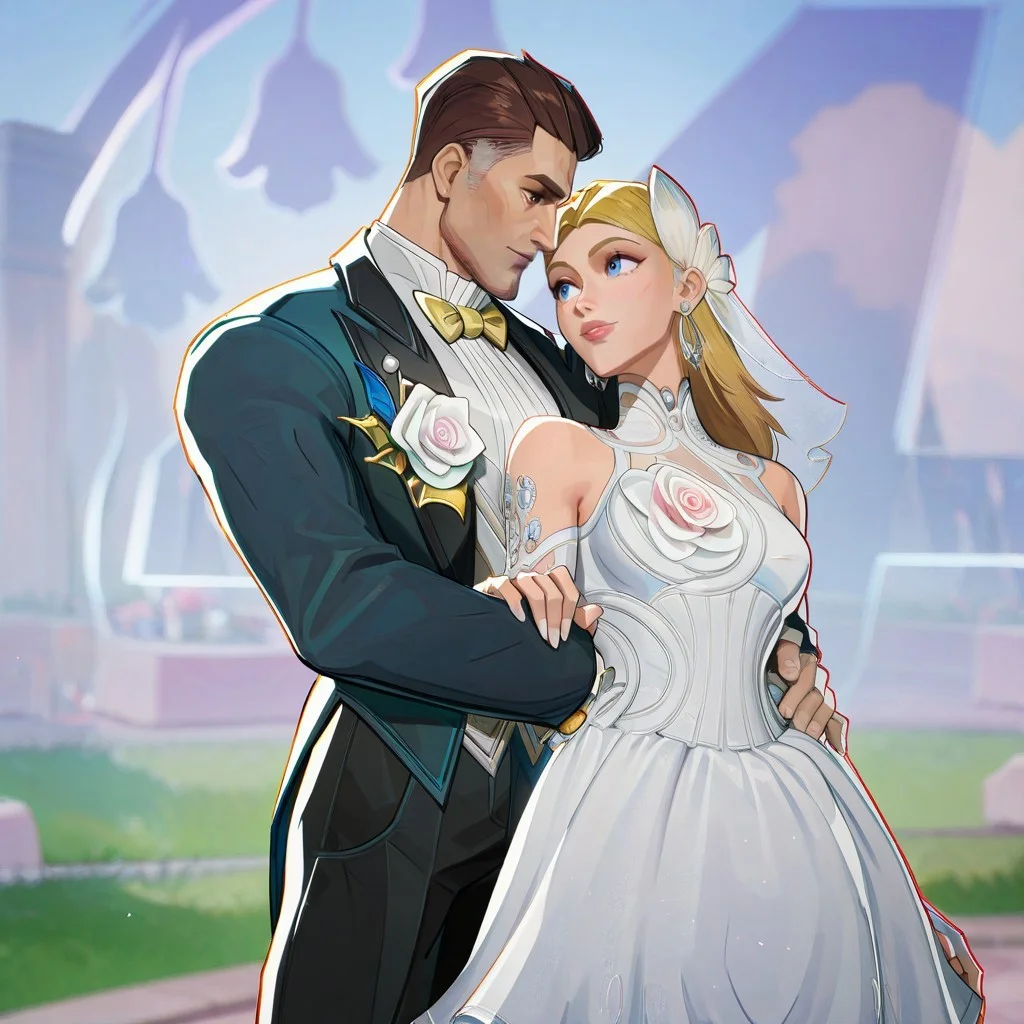masterpiece, best quality, newest, absurdres, highres, anime, anime style, duo, duo focus, husband and wife, couple, 1boy, ReedRichards-Lifefantasticskin-V1.0, suit, formal clothes, bowtie, brown hair, brown eyes, flower, shrt hair, pants, yellow bowtie, 1girl, SueStorm-Lifefantasticskin-V1.0,
wedding dress, wedding veil, veil, white dress, short dress, blonde, bare shoulders, blue eyes, flower, jewelry, long hair, earrings, long hair, high heels,