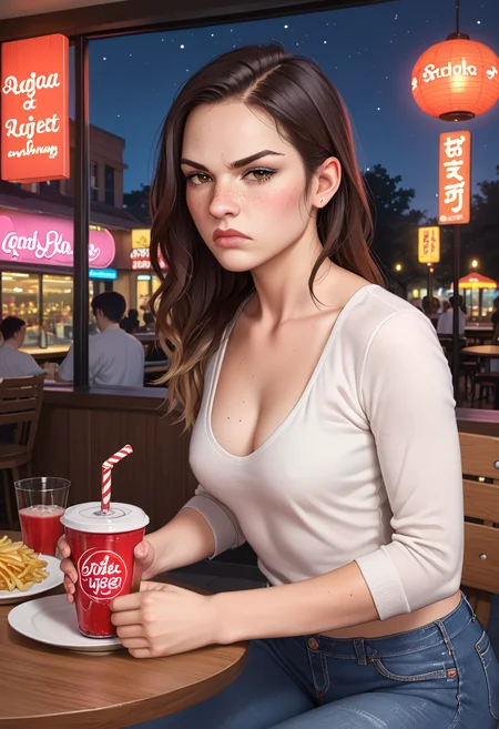 positiv Clip L:
embedding:Pony\zPDXL3, A stunningly beautiful adult woman sitting across from you in a cozy fast-food restaurant at night. She is wearing casual yet stylish clothes, such as a fitted shirt and jeans, exuding effortless charm. perfect round small breasts cleavage. Her captivating eyes meet yours with an intense, angry expression, frown, upset gaze that feels deeply personal and cold. Soft moonlight streams through the large window behind her, casting a cool, ethereal glow on her figure, while the warm, ambient lighting of the restaurant creates a balanced contrast. The table in front of her has subtle details like a soda cup and a tray with fries, adding authenticity to the scene. The background features faint reflections on the glass and soft neon lights from the street outside, enhancing the cinematic and intimate atmosphere. Ultra-detailed, cinematic composition, sharp focus on her expression and eyes, complementary cool moonlight and warm interior tones,
positiv Clip G:
embedding:Pony\zPDXL3, A stunningly beautiful adult woman sitting across from you in a cozy fast-food restaurant at night. She is wearing casual yet stylish clothes, such as a fitted shirt and jeans, exuding effortless charm. perfect round small breasts cleavage. Her captivating eyes meet yours with an intense, angry expression, frown, upset gaze that feels deeply personal and cold. Soft moonlight streams through the large window behind her, casting a cool, ethereal glow on her figure, while the warm, ambient lighting of the restaurant creates a balanced contrast. The table in front of her has subtle details like a soda cup and a tray with fries, adding authenticity to the scene. The background features faint reflections on the glass and soft neon lights from the street outside, enhancing the cinematic and intimate atmosphere. Ultra-detailed, cinematic composition, sharp focus on her expression and eyes, complementary cool moonlight and warm interior tones,