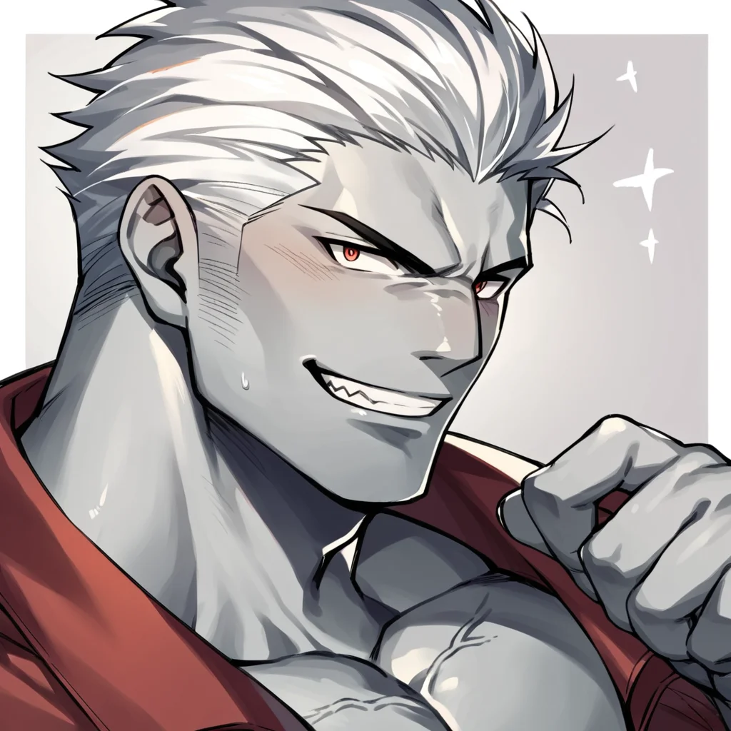 score_9, score_8_up, score_7_up, score_6_up, score_5_up, score_4_up, source_anime, 1boy, portrait, bara, grin, looking_at_viewer, short hair, grey skin, white hair, wrinkled skin, <lora:RoegadynFFXIVPonyV1-02:1>