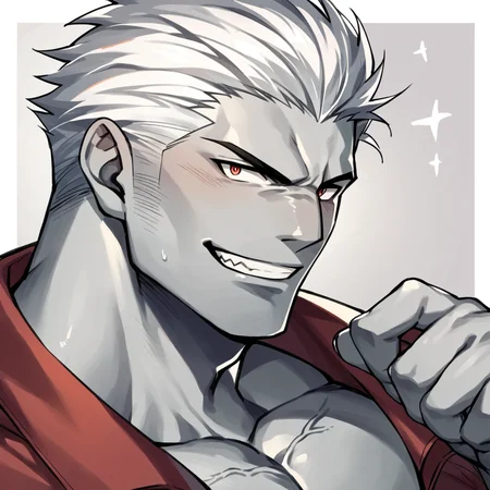 score_9, score_8_up, score_7_up, score_6_up, score_5_up, score_4_up, source_anime, 1boy, portrait, bara, grin, looking_at_viewer, short hair, grey skin, white hair, wrinkled skin, <lora:RoegadynFFXIVPonyV1-02:1>