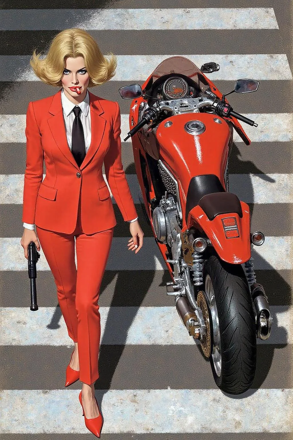 robmc1 illustration.
Overhead shot of an Blonde woman walking away from a futuristic motorcycle parked at a zebra crossing. The woman has bob hair, is smoking. She wear a red business suit, white shirt, black tie. She holds a gun with a confident grip. The motorcycle itself is red, sleek and metallic, with intricate designs and a futuristic vibe
<lora:robmc1_cap_d6a3e12:1.0><lora:820309548041608994:0>