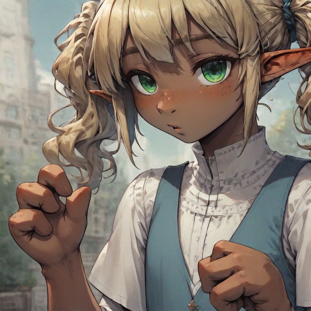ASCIILapanya, 1 person, 3/4 angle, solo, pointy ears, ((snout nose)), flat chest, stocky stature, bangs, ((dark tan skin)):1.2, blonde hair, twintail hair, wavy hair, green irises, white tunic, blue vest, white skirt, knee-length spats, standing, ((holding rucksack)), small nostrils, ((3 fingers)), outdoors, fully clothed, clean lines, highly detailed face, high quality, best quality, masterpiece quality, snapshot, close up, rating: g