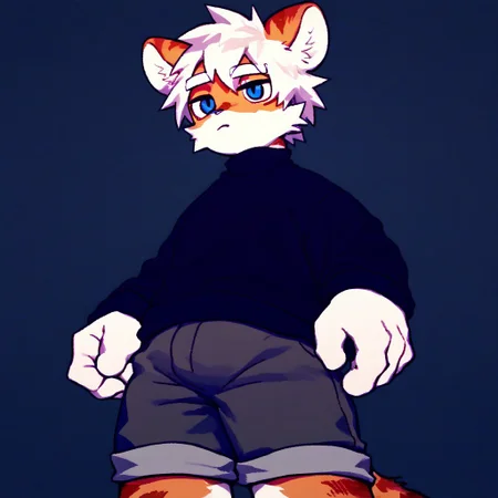 score_9_up, score_8_up, score_7_up, source_furry, atlyssstyle, low poly, milkytiger, tiger ears, tiger boy, white eyebrows, blue eyes, 1boy, solo, black sweater, gray shorts