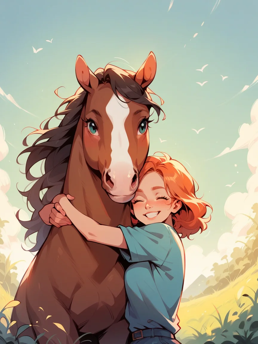 score_9, score_8_up, score_7_up, score_6_up, <lora:p3tl0v3XLP:1> p3tl0v3, 1girl, hugging horse