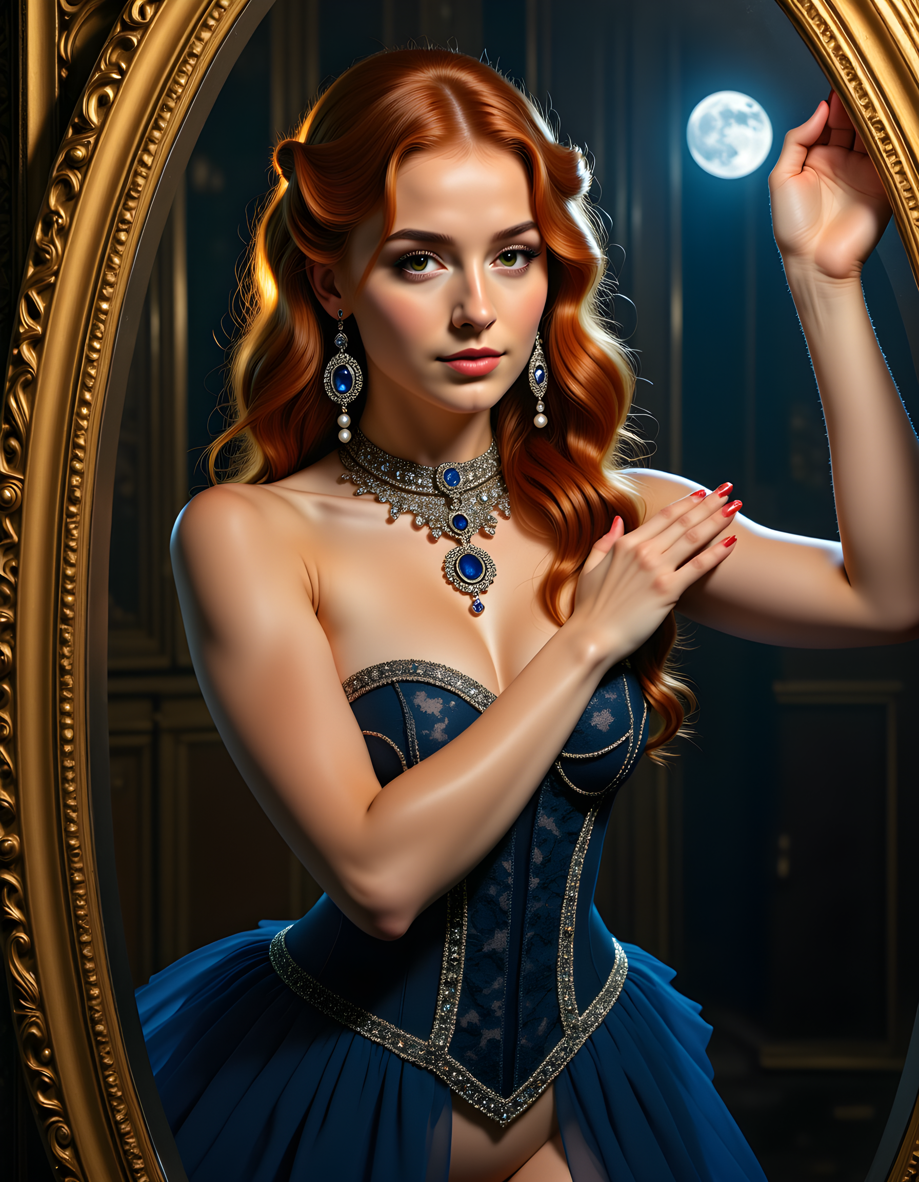 In a dimly-lit, ethereal studio bathed in soft, shimmering moonlight, the enchanting Adelise Verogandh poses gracefully before an intricately carved wooden mirror, her gaze fixed intently on the reflection. Her auburn hair cascades down her back like a waterfall of spun gold, framing her delicate features. A single strand falls across her forehead, catching the light and shimmering like liquid fire. Her deep brown eyes are half-lidded with a hint of mischief, her full lips parted slightly as if on the brink of a whispered secret. She wears an exquisite outfit that blends the elegance of Victorian fashion with a touch of the exotic; a lace corset in shades of midnight blue adorned with intricate silver filigree and gemstones, paired with a flowing, diaphanous skirt that billows around her like a storm cloud. Her neck is adorned with an elaborate necklace made of pearls and sapphires, the stones glinting like stars in the moonlight. She cradles a pair of massive, ornate silver earrings in her fingers, their pendants catching the light and casting dancing shadows on her fair skin. The scene is framed by the gilded frame of the mirror, creating a halo effect around Adelise, making her seem almost otherworldly. This captivating portrait captures not only the beauty and allure of Adelise Verogandh but also the mystery and intrigue that surrounds her.